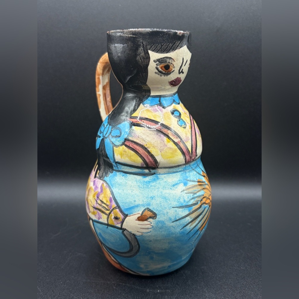 Artist Sign Handmade Vintage Anthropomorphic Woman Pottery Folk Art Pitcher Jug